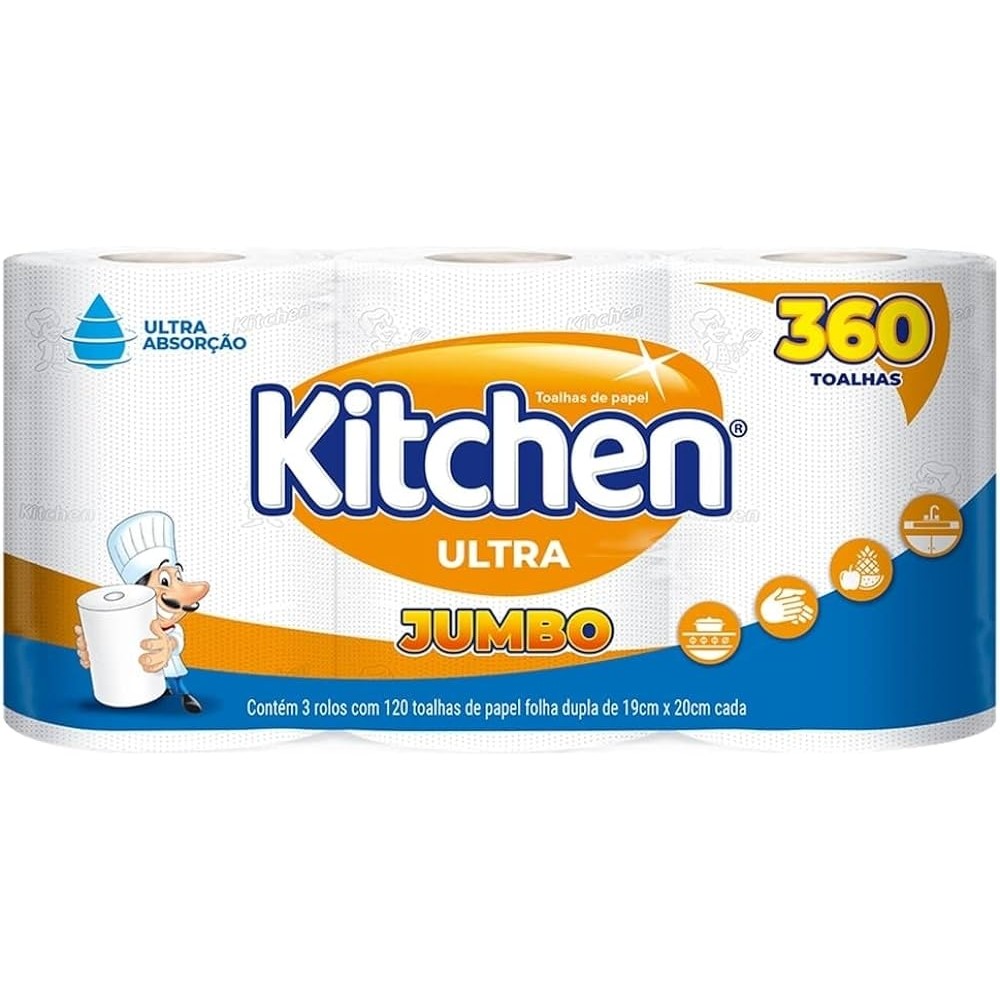 PAPEL TOALHA ROLO JUMBO 360 TOALHAS KITCHEN C/3